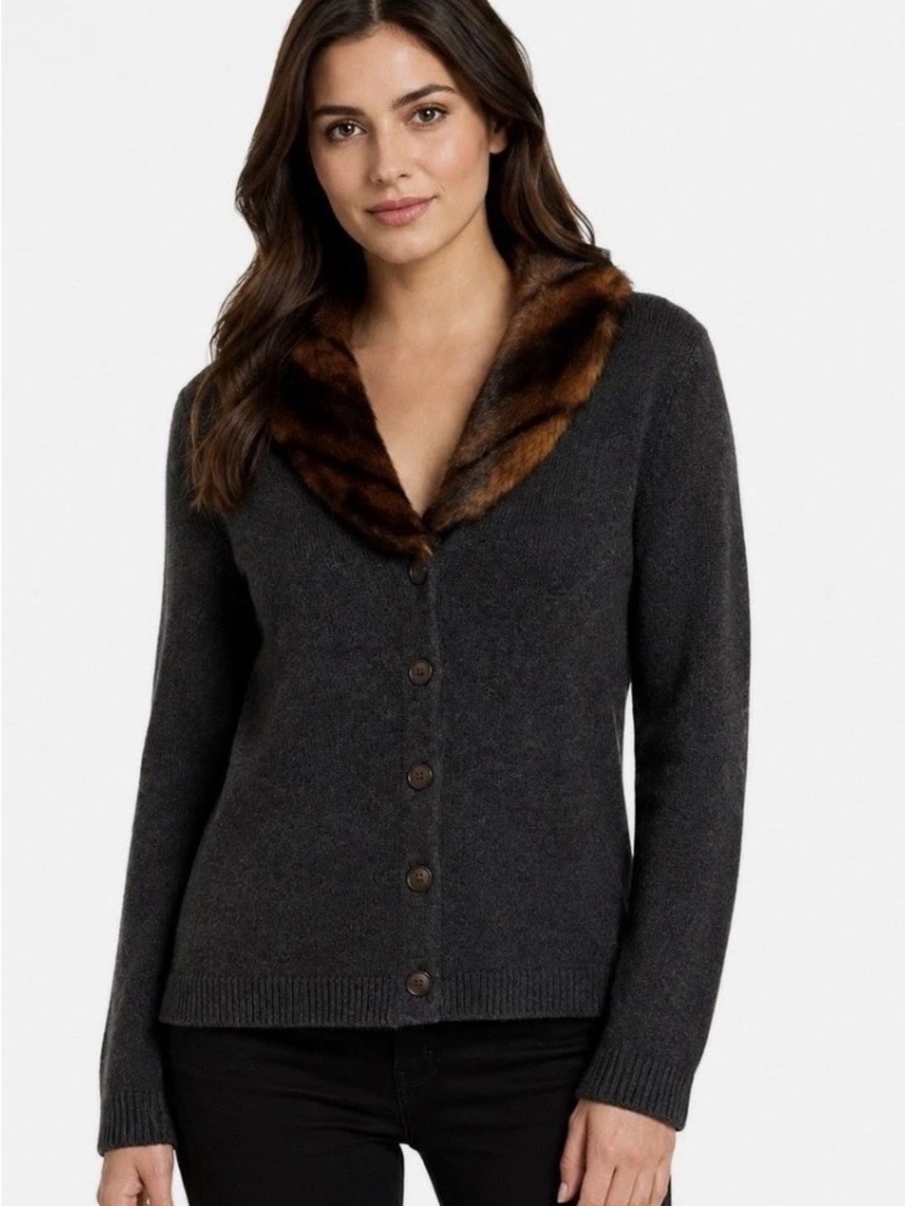Lauren Ralph Lauren Charcoal Gray Cardigan with Brown Faux-Fur Trim Size L